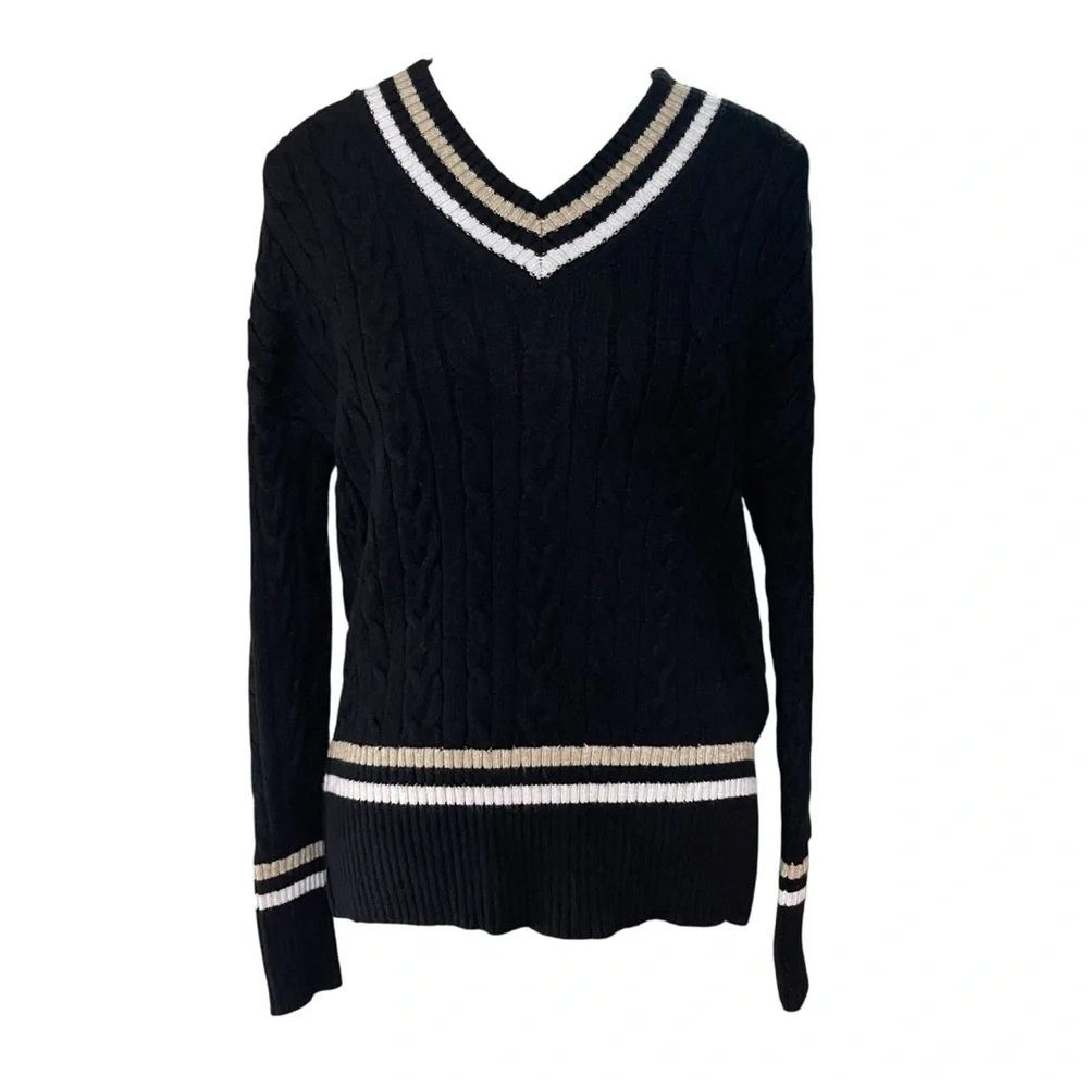 Preppy Black, White & Tan V-Neck‎ Sweater Soft & Stretchy Sz. XS